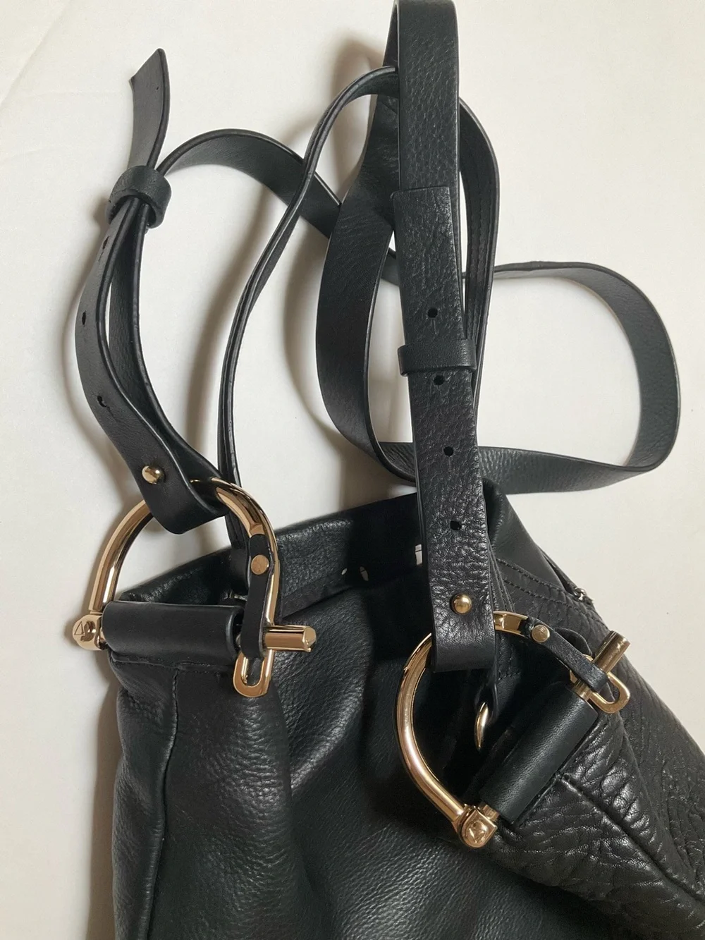 Kelsi Dagger Black Leather Shoulder Bag Dual straps Large Tote Bag Gold-tone